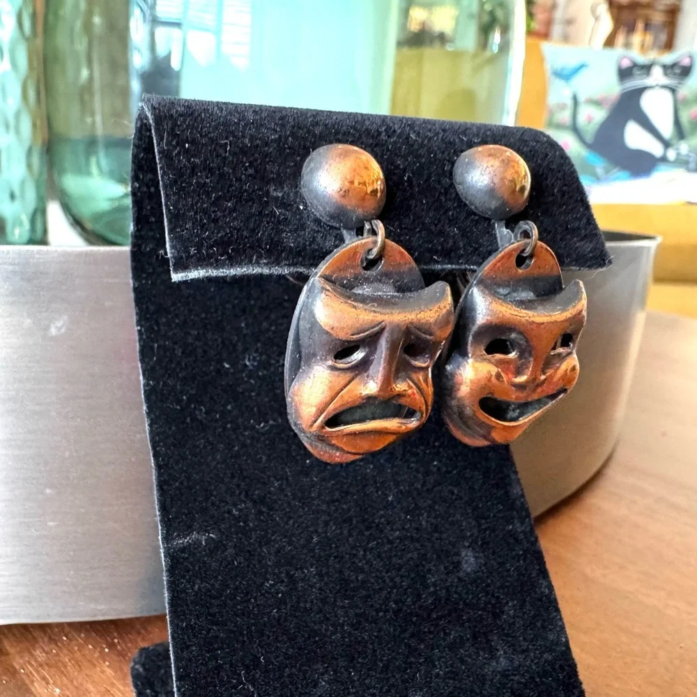 Vintage Copper Comedy and Tragedy Mask Earrings